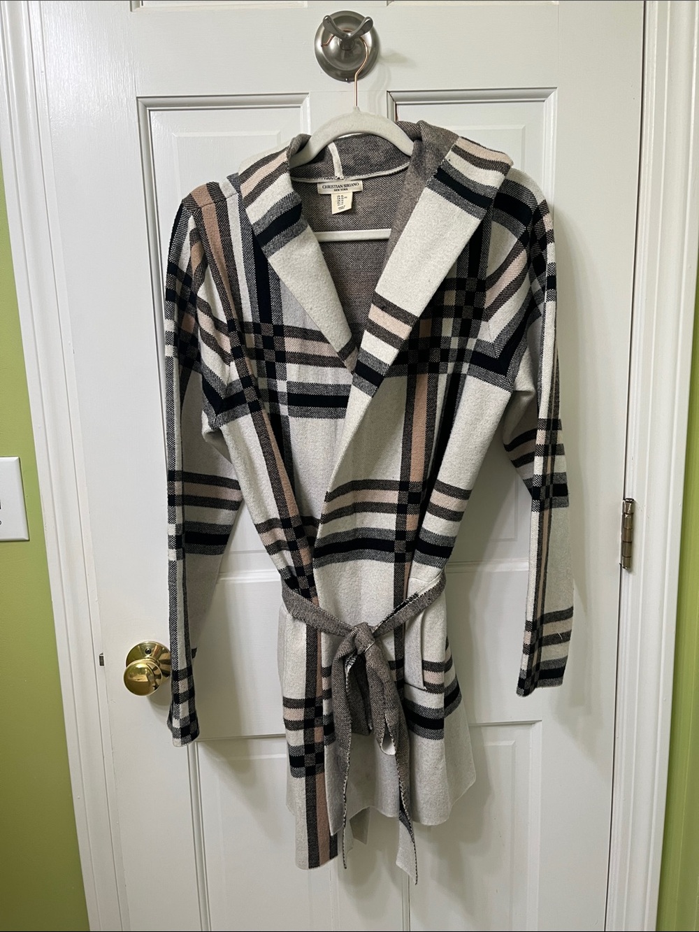 Christian Siriano Plaid Hooded Wrap Sweater Coat - Cream, Gray, Black, Brown
